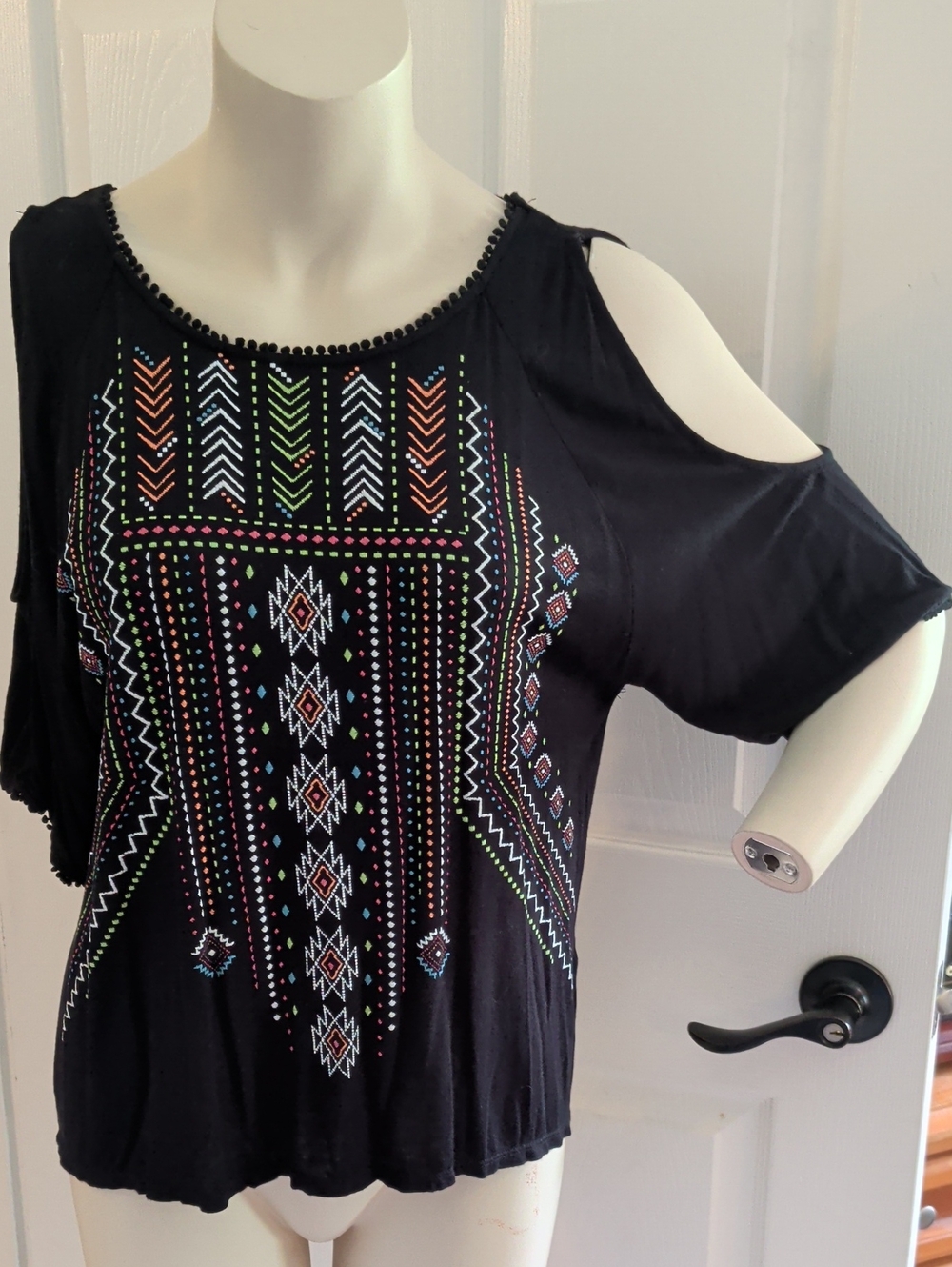 Black Cold-Shoulder Embroidered Boho Blouse